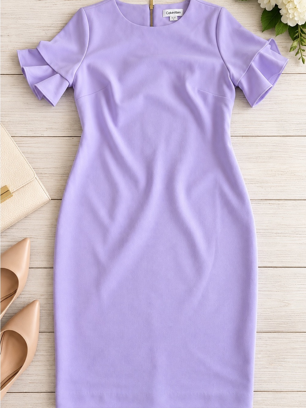 Calvin Klein Lilac Sheath Dress with Ruffle Sleeves | Size 6